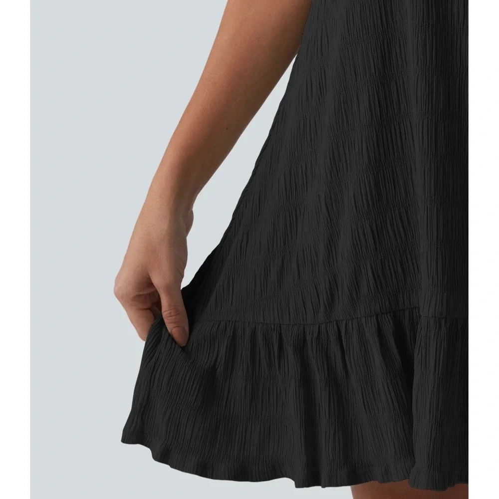 Halara Black Crinkle Textured Ruffle Hem Sleeveless Mini Shift Dress Large New - Picture 4 of 12